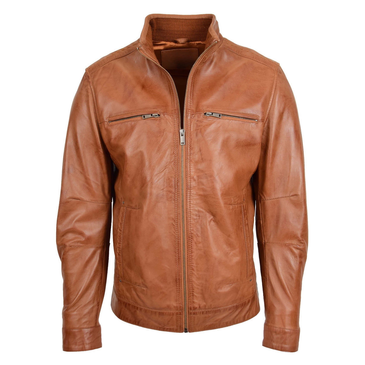 Men's Standing Collar Leather Jacket Tony Tan - genuine leather jacket in tan with four outer pockets