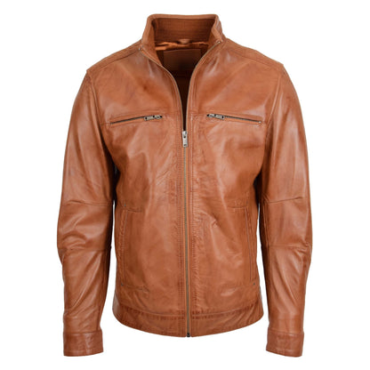 Men's Standing Collar Leather Jacket Tony Tan - genuine leather jacket in tan with four outer pockets