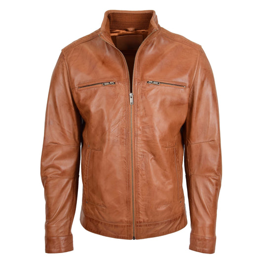 Men's Standing Collar Leather Jacket Tony Tan - genuine leather jacket in tan with four outer pockets