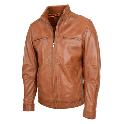 Men's Standing Collar Leather Jacket Tony Tan - genuine leather jacket in tan with four outer pockets