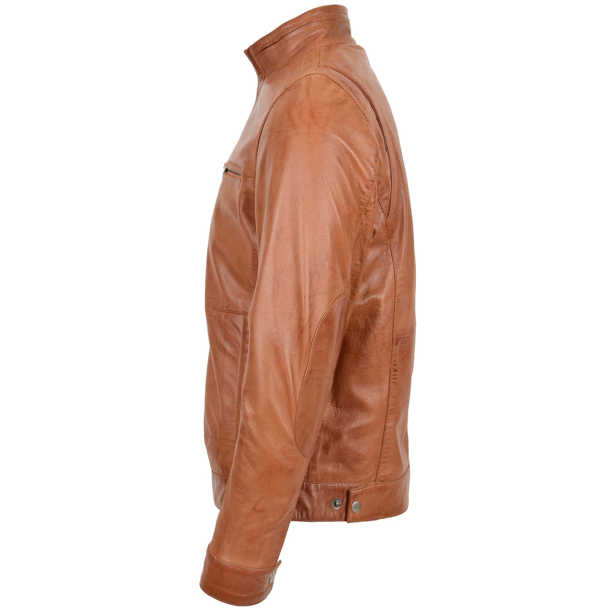 Men's Standing Collar Leather Jacket Tony Tan - genuine leather jacket in tan with four outer pockets