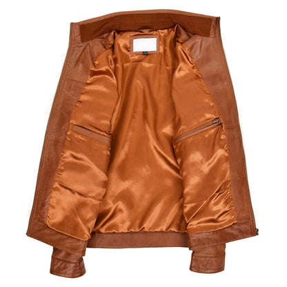 Men's Standing Collar Leather Jacket Tony Tan - genuine leather jacket in tan with four outer pockets