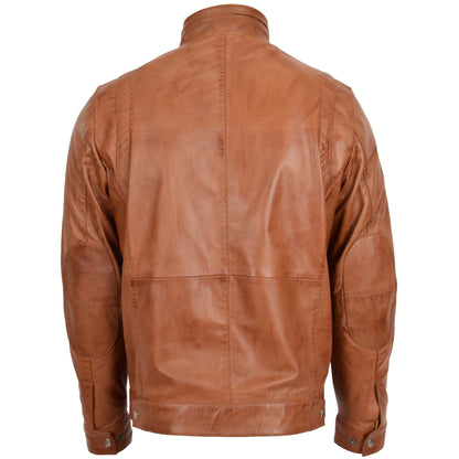 Men's Standing Collar Leather Jacket Tony Tan - genuine leather jacket in tan with four outer pockets
