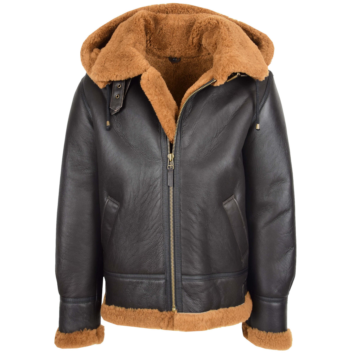 Men's B3 Sheepskin Jacket Detachable Hoodie Ruben Brown Ginger - genuine sheepskin jacket in brown ginger with two outer pockets