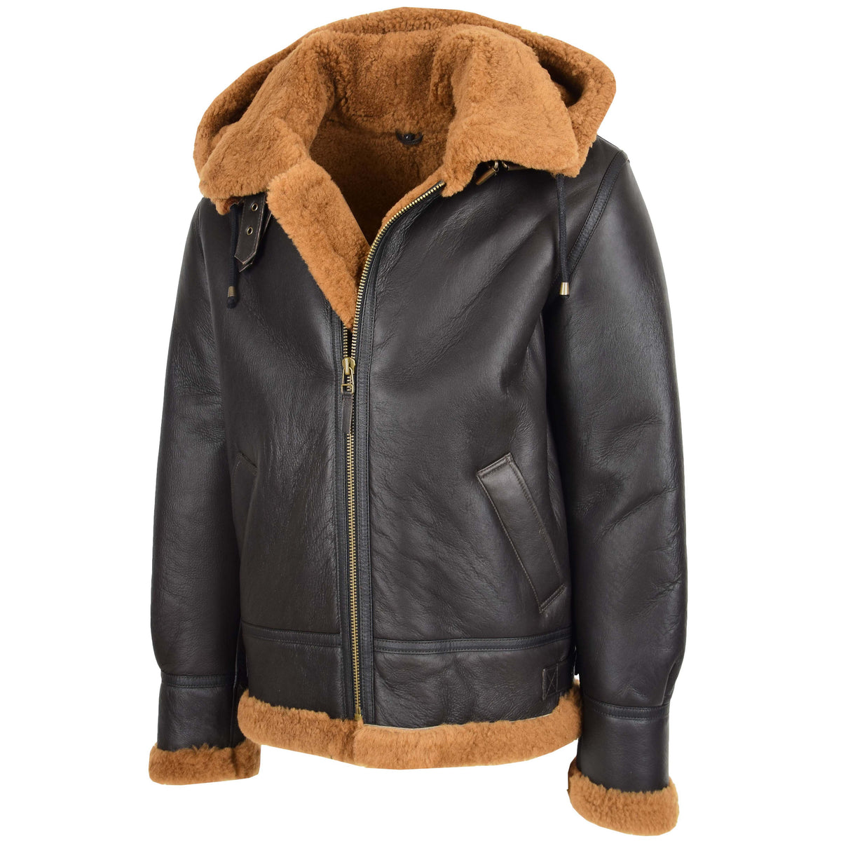 Men's B3 Sheepskin Jacket Detachable Hoodie Ruben Brown Ginger - genuine sheepskin jacket in brown ginger with two outer pockets