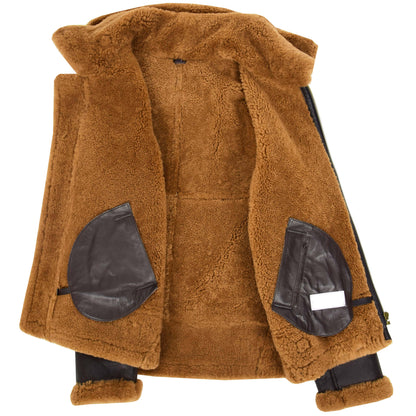 Men's B3 Sheepskin Jacket Detachable Hoodie Ruben Brown Ginger - genuine sheepskin jacket in brown ginger with b3