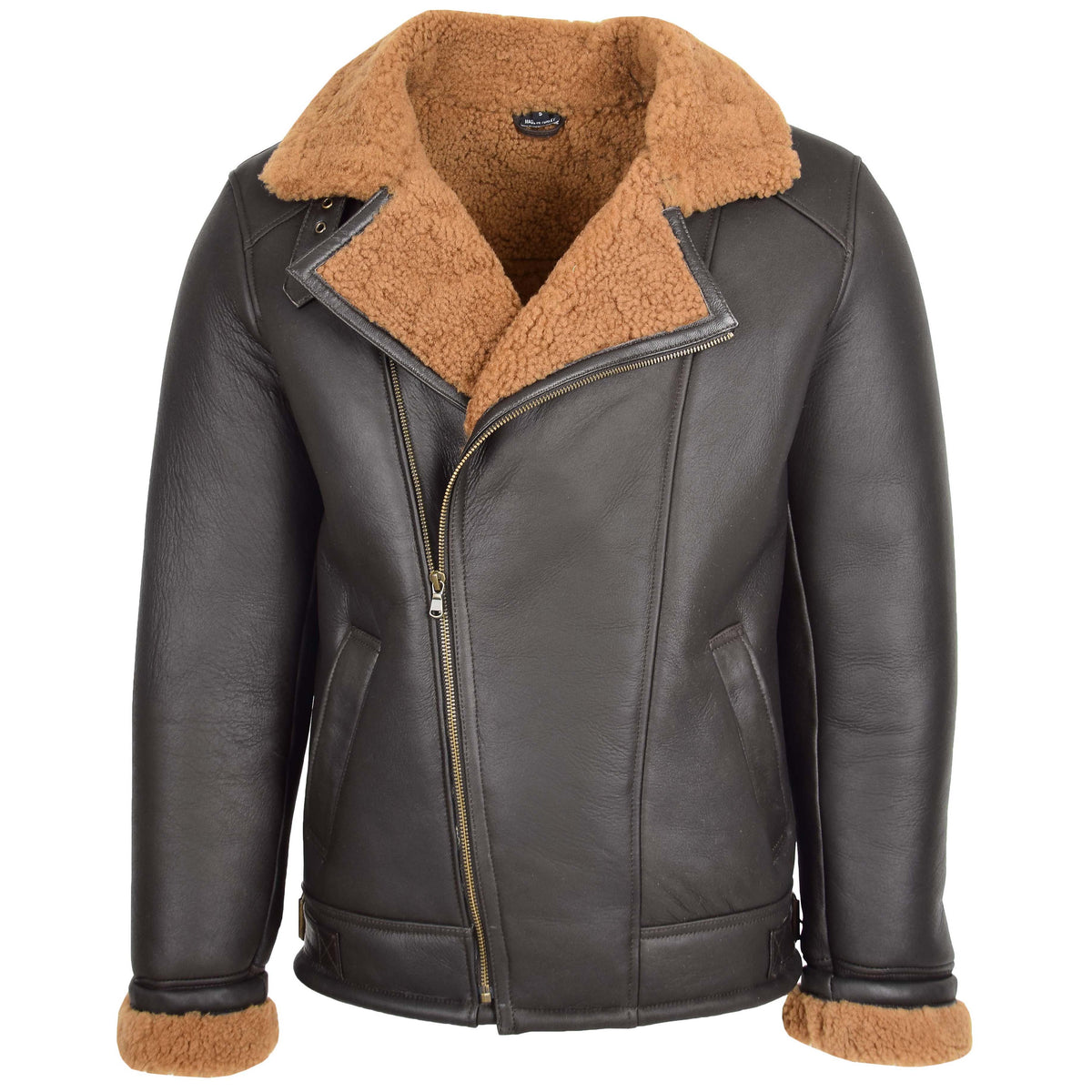 Mens Aviator Sheepskin Pilot Jacket Blen Brown Ginger - genuine sheepskin jacket in brown ginger with two outer pockets