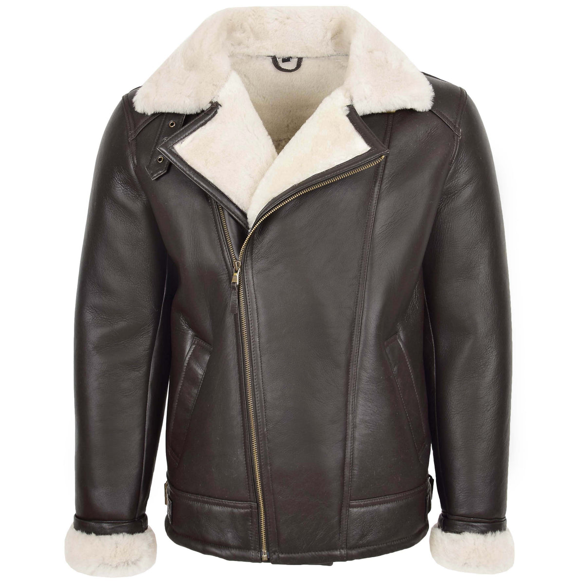 Mens Aviator Sheepskin Pilot Jacket Blen Brown White - genuine sheepskin jacket in brown white with two outer pockets