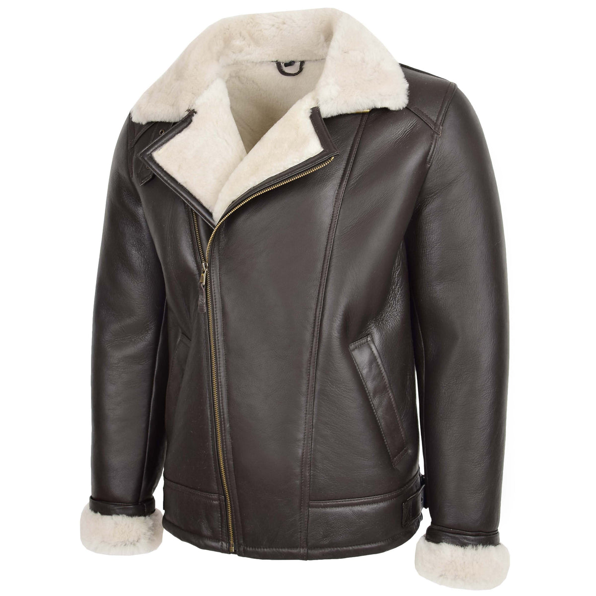 Mens Aviator Sheepskin Pilot Jacket Blen Brown White - genuine sheepskin jacket in brown white with two outer pockets