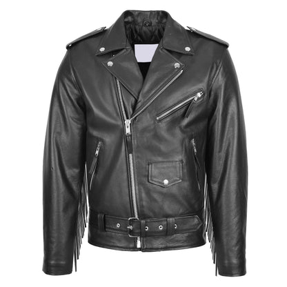 Mens Biker Brando Leather Jacket with Fringes Wayne Black - genuine leather jacket in black with four outer pockets
