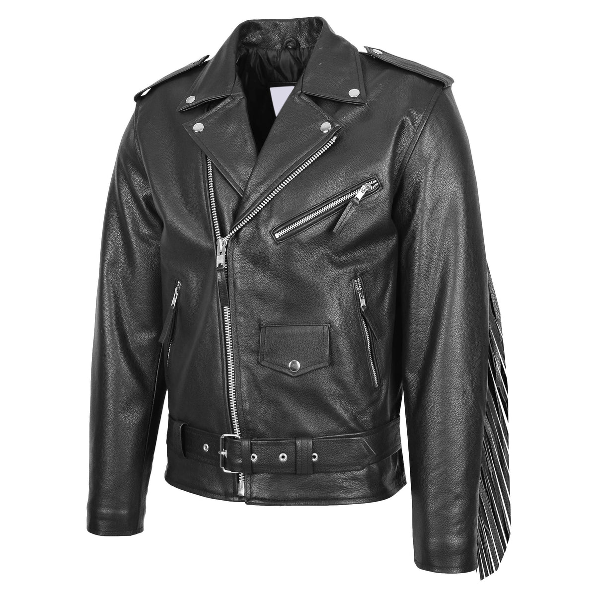 Mens Biker Brando Leather Jacket with Fringes Wayne Black - genuine leather jacket in black with four outer pockets