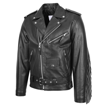 Mens Biker Brando Leather Jacket with Fringes Wayne Black - genuine leather jacket in black with four outer pockets