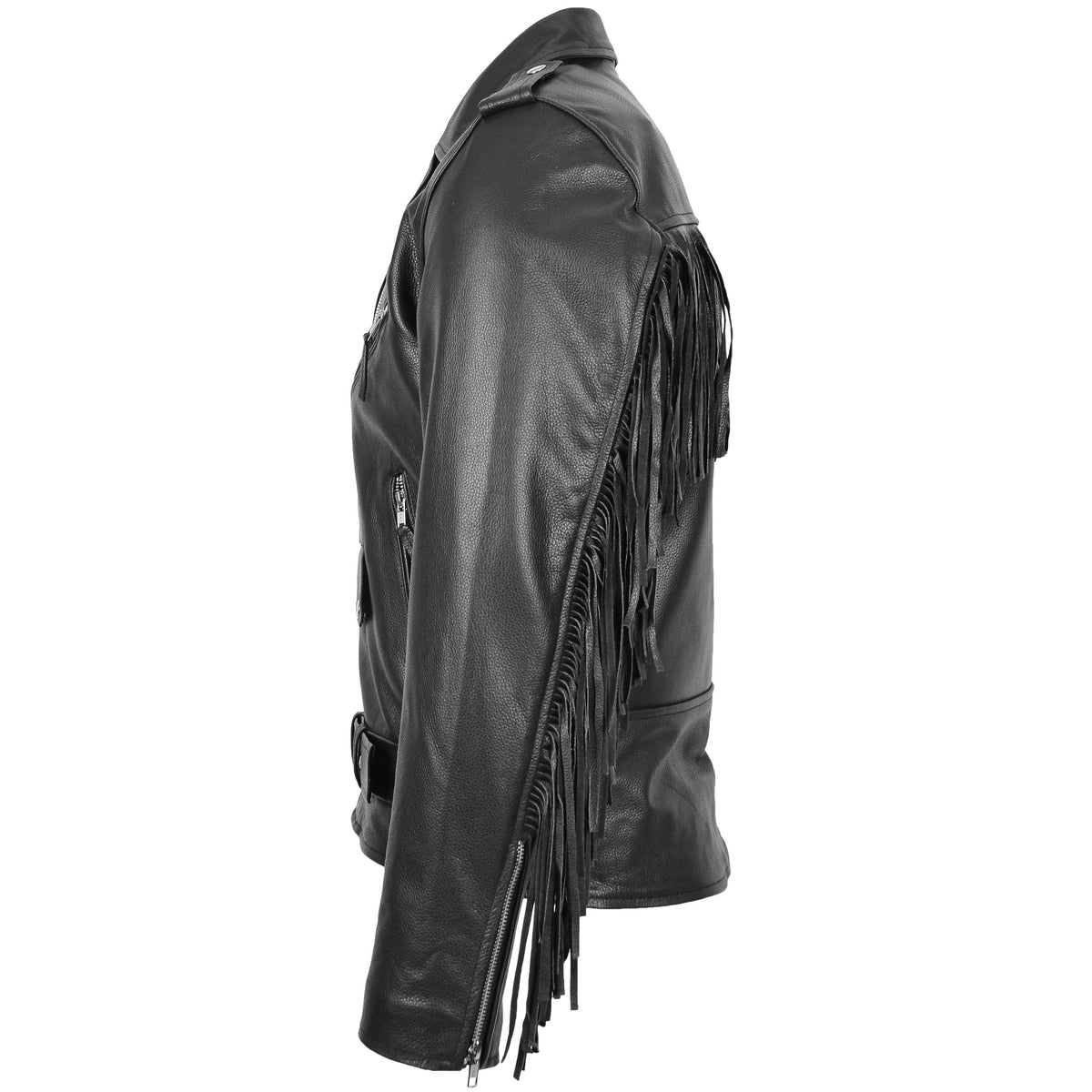 Mens Biker Brando Leather Jacket with Fringes Wayne Black - genuine leather jacket in black with biker