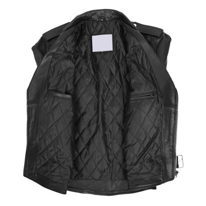Mens Biker Brando Leather Jacket with Fringes Wayne Black - genuine leather jacket in black with four outer pockets