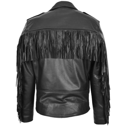 Mens Biker Brando Leather Jacket with Fringes Wayne Black - genuine leather jacket in black with biker