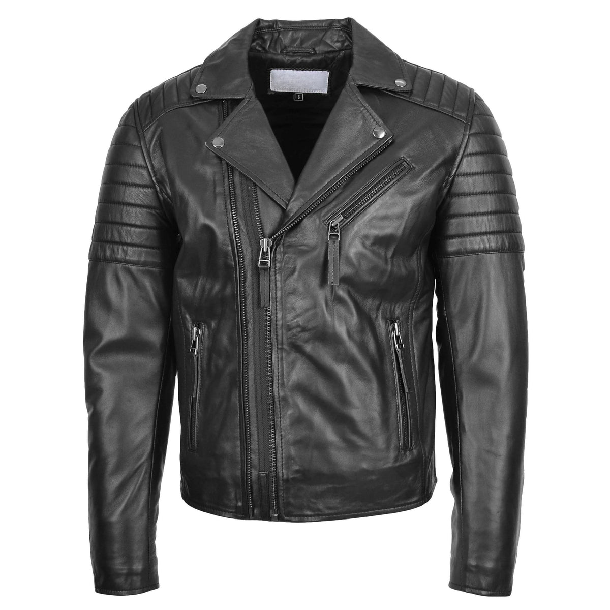Mens Biker Leather Jacket Dual Zip Hook Black - genuine leather jacket in black with three outer pockets