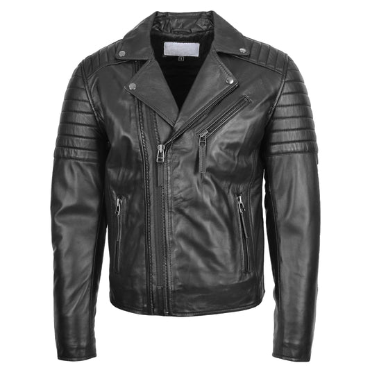 Mens Biker Leather Jacket Dual Zip Hook Black - genuine leather jacket in black with three outer pockets