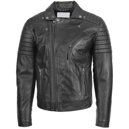 Mens Biker Leather Jacket Dual Zip Hook Black - genuine leather jacket in black with biker