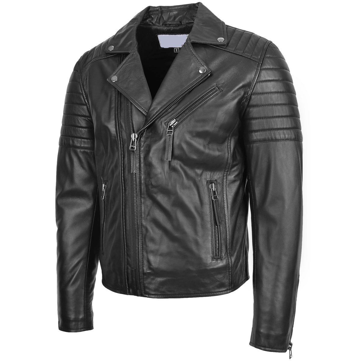 Mens Biker Leather Jacket Dual Zip Hook Black - genuine leather jacket in black with three outer pockets