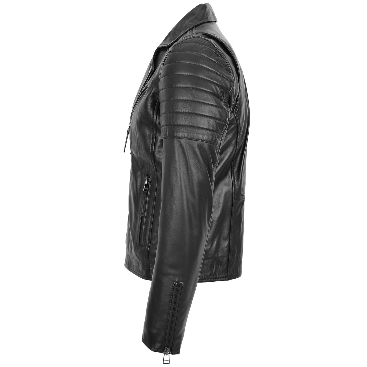 Mens Biker Leather Jacket Dual Zip Hook Black - genuine leather jacket in black with biker