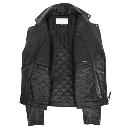 Mens Biker Leather Jacket Dual Zip Hook Black - genuine leather jacket in black with three outer pockets