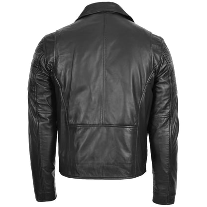 Mens Biker Leather Jacket Dual Zip Hook Black - genuine leather jacket in black with biker