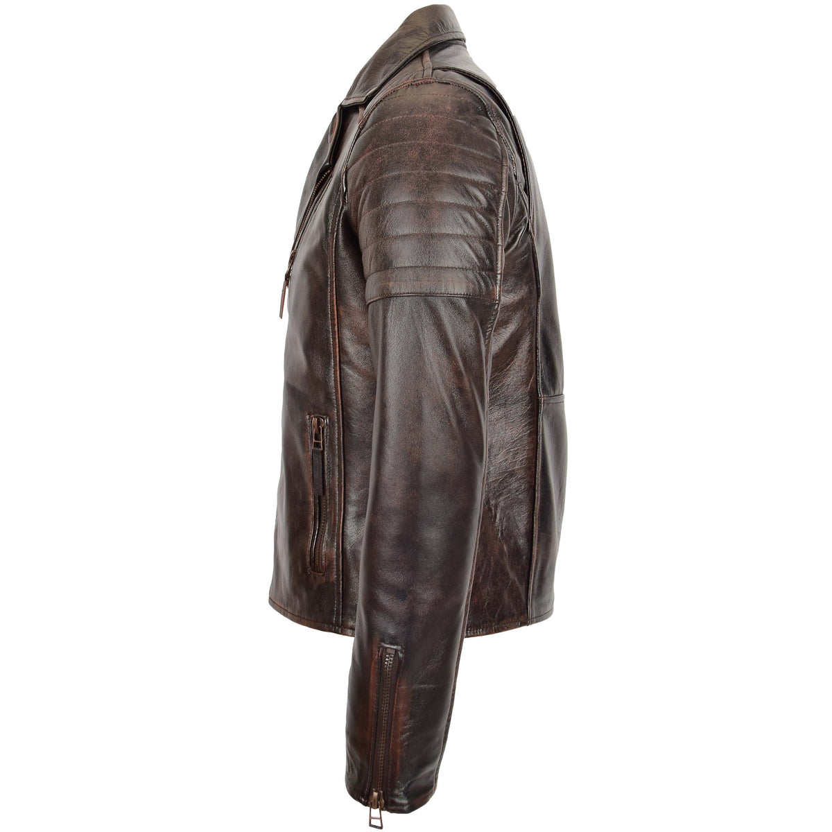 Mens Biker Leather Jacket Dual Zip Hook Brown Vintage - genuine leather jacket in brown vintage with three outer pockets