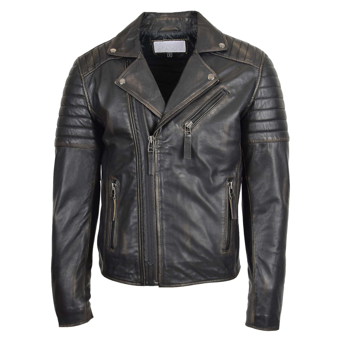 Mens Biker Leather Jacket Dual Zip Hook Black Rub Off - genuine leather jacket in black rub off with three outer pockets