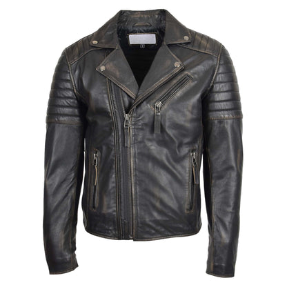 Mens Biker Leather Jacket Dual Zip Hook Black Rub Off - genuine leather jacket in black rub off with three outer pockets