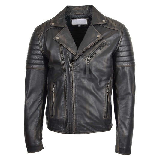Mens Biker Leather Jacket Dual Zip Hook Black Rub Off - genuine leather jacket in black rub off with three outer pockets