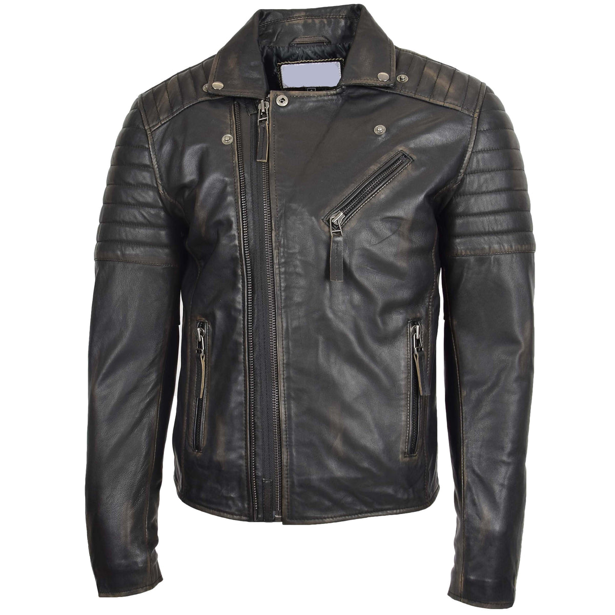 Mens Biker Leather Jacket Dual Zip Hook Black Rub Off - genuine leather jacket in black rub off with biker
