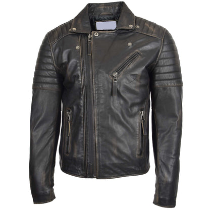 Mens Biker Leather Jacket Dual Zip Hook Black Rub Off - genuine leather jacket in black rub off with biker