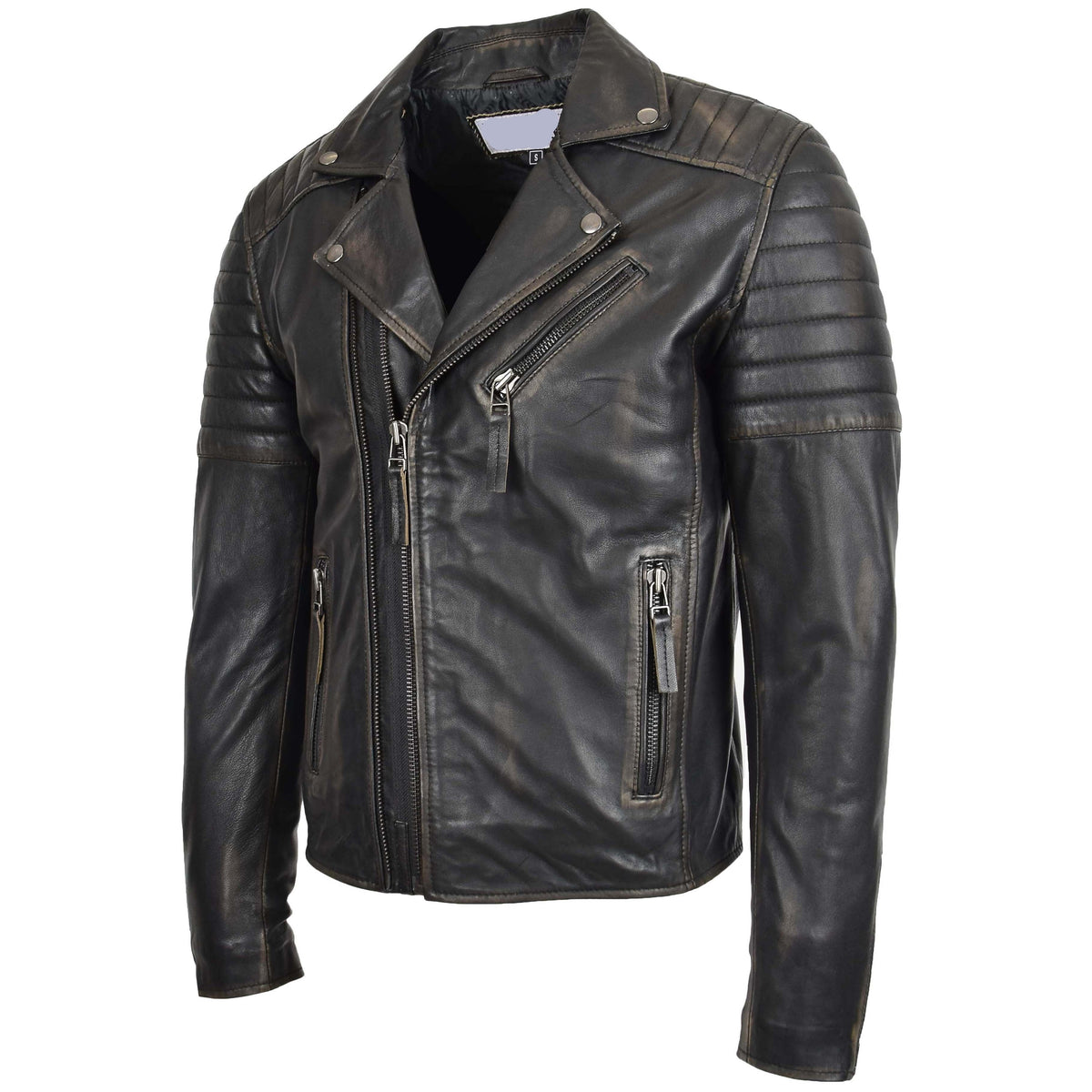 Mens Biker Leather Jacket Dual Zip Hook Black Rub Off - genuine leather jacket in black rub off with three outer pockets