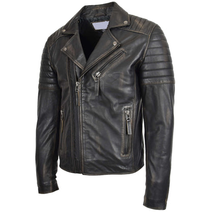 Mens Biker Leather Jacket Dual Zip Hook Black Rub Off - genuine leather jacket in black rub off with three outer pockets