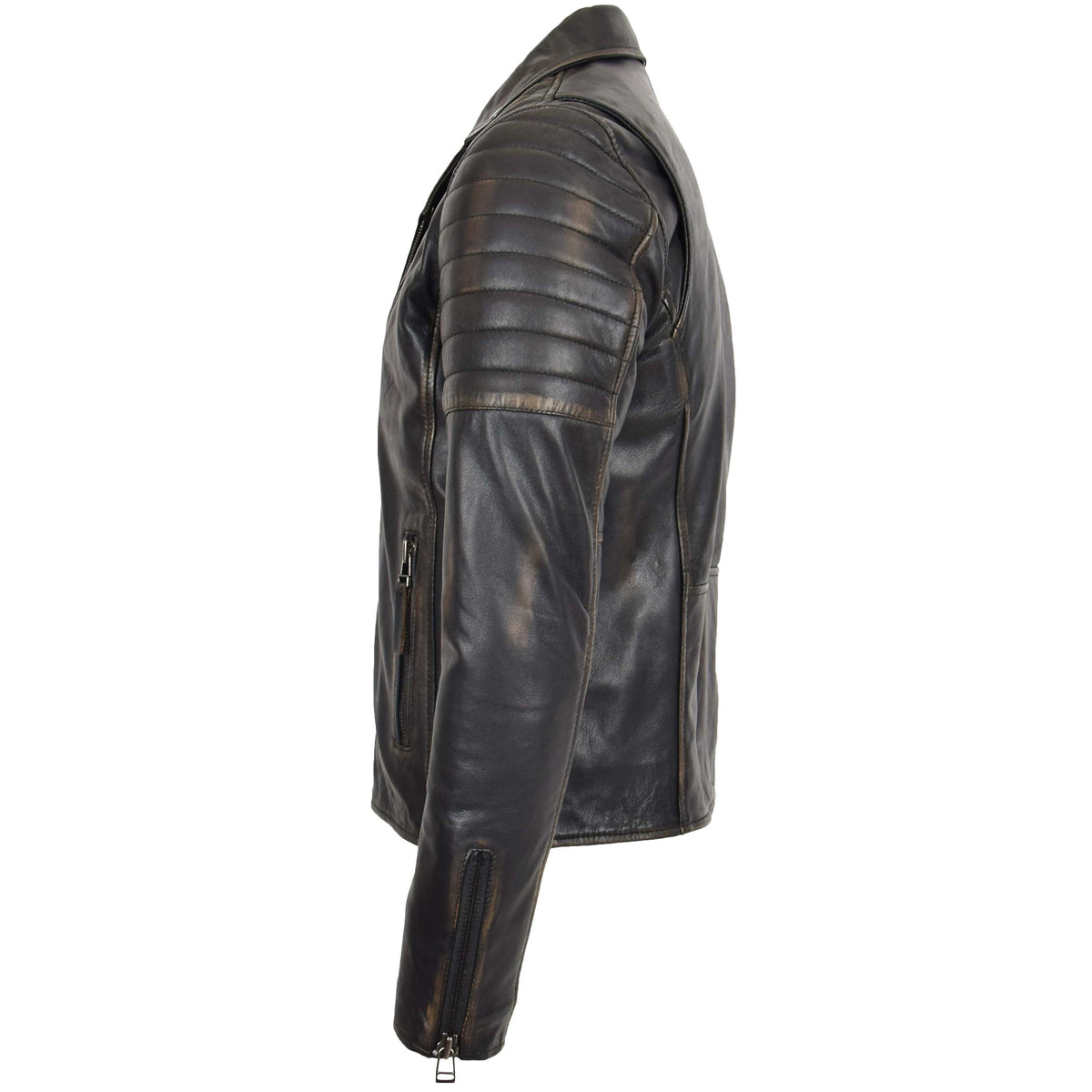 Mens Biker Leather Jacket Dual Zip Hook Black Rub Off - genuine leather jacket in black rub off with biker