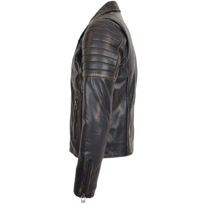 Mens Biker Leather Jacket Dual Zip Hook Black Rub Off - genuine leather jacket in black rub off with biker