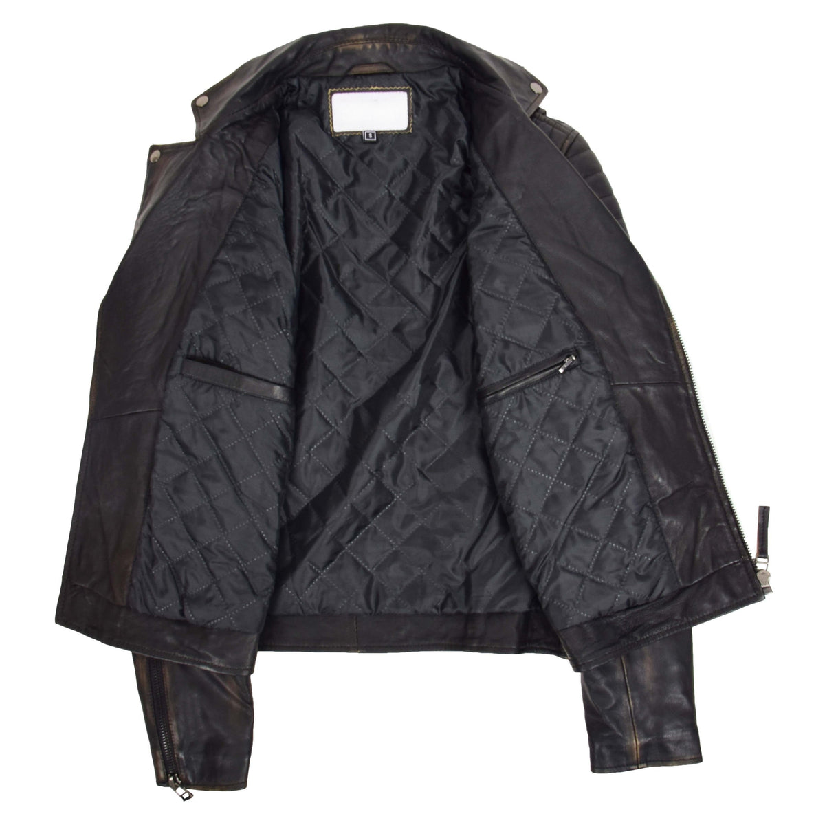 Mens Biker Leather Jacket Dual Zip Hook Black Rub Off - genuine leather jacket in black rub off with three outer pockets
