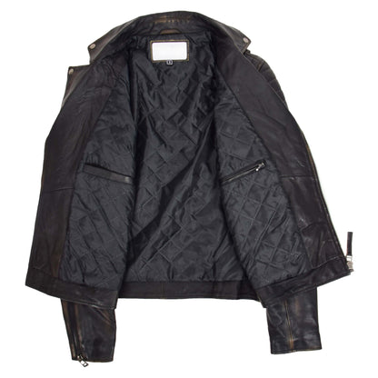Mens Biker Leather Jacket Dual Zip Hook Black Rub Off - genuine leather jacket in black rub off with three outer pockets