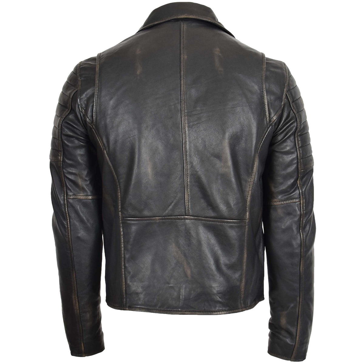 Mens Biker Leather Jacket Dual Zip Hook Black Rub Off - genuine leather jacket in black rub off with biker