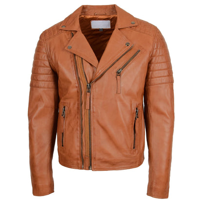 Mens Biker Leather Jacket Dual Zip Hook Tan - genuine leather jacket in tan with three outer pockets