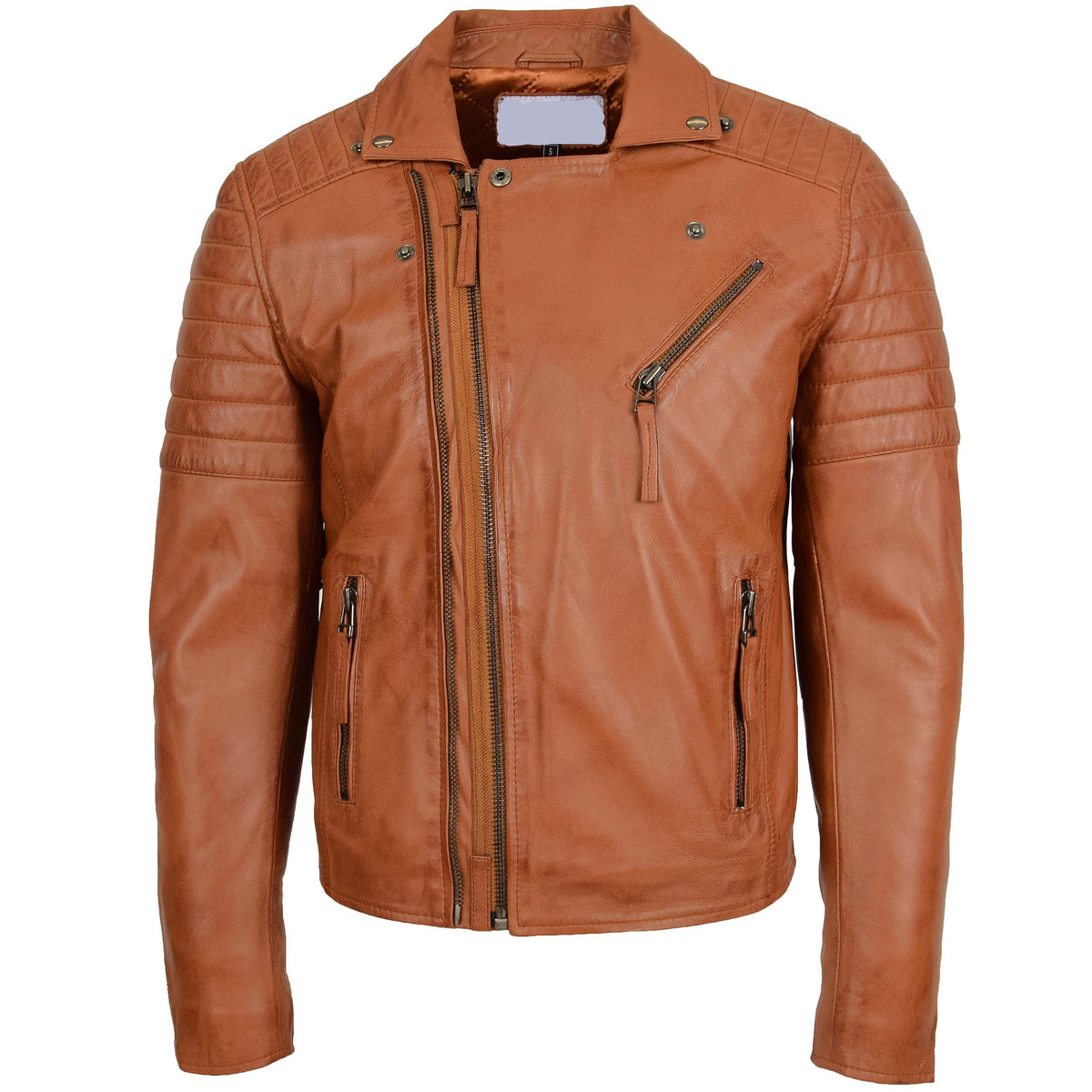 Mens Biker Leather Jacket Dual Zip Hook Tan - genuine leather jacket in tan with biker