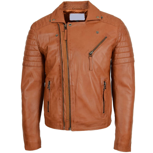 Mens Biker Leather Jacket Dual Zip Hook Tan - genuine leather jacket in tan with biker