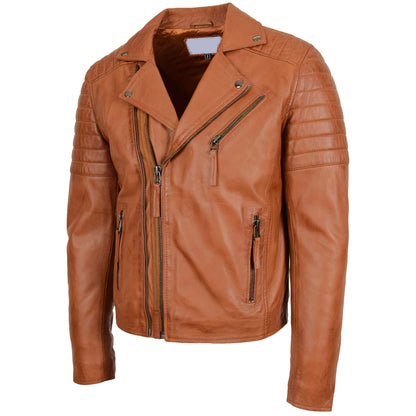 Mens Biker Leather Jacket Dual Zip Hook Tan - genuine leather jacket in tan with three outer pockets