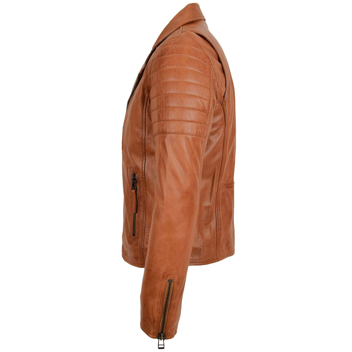 Mens Biker Leather Jacket Dual Zip Hook Tan - genuine leather jacket in tan with biker
