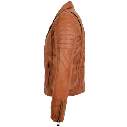 Mens Biker Leather Jacket Dual Zip Hook Tan - genuine leather jacket in tan with biker