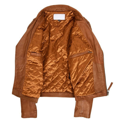 Mens Biker Leather Jacket Dual Zip Hook Tan - genuine leather jacket in tan with three outer pockets