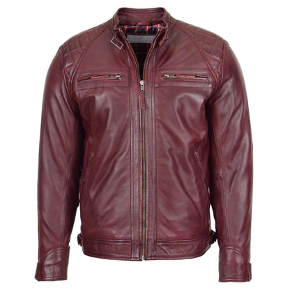 Mens Biker Leather Jacket Standing Collar Bowie Burgundy - genuine leather jacket in burgundy with four outer pockets