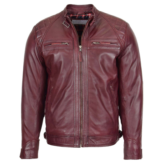 Mens Biker Leather Jacket Standing Collar Bowie Burgundy - genuine leather jacket in burgundy with four outer pockets