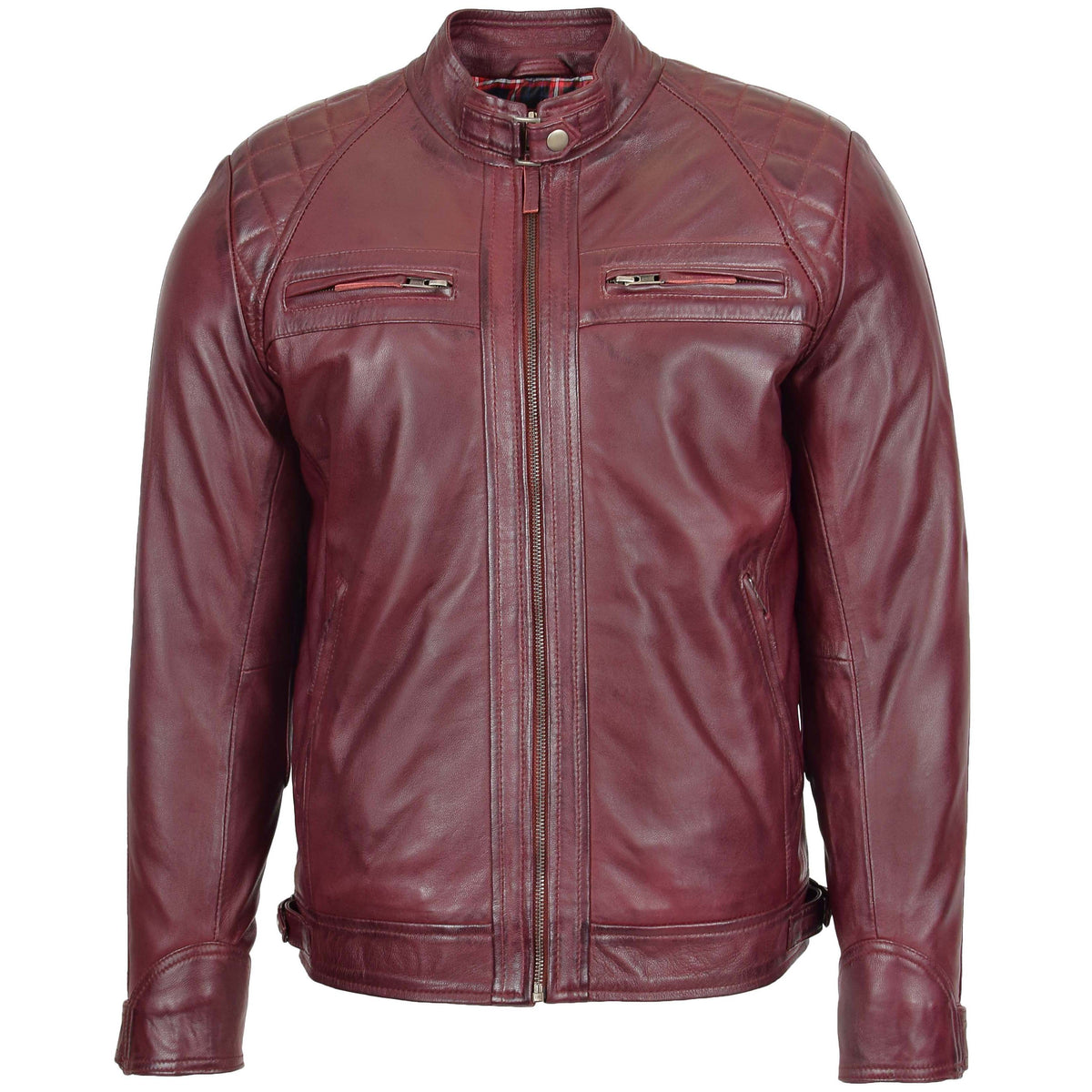 Mens Biker Leather Jacket Standing Collar Bowie Burgundy - genuine leather jacket in burgundy with biker