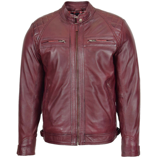 Mens Biker Leather Jacket Standing Collar Bowie Burgundy - genuine leather jacket in burgundy with biker